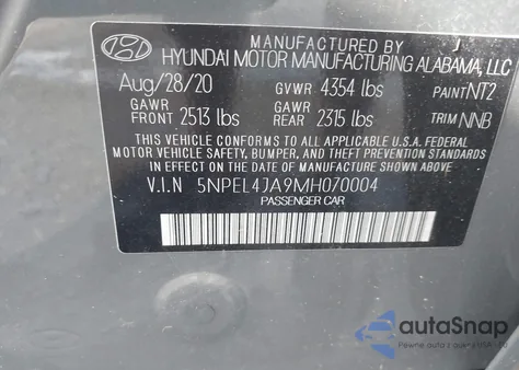 2021 Hyundai Sonata Sel z USA, uszkodzony, nr VIN 5NPEL4JA9MH070004